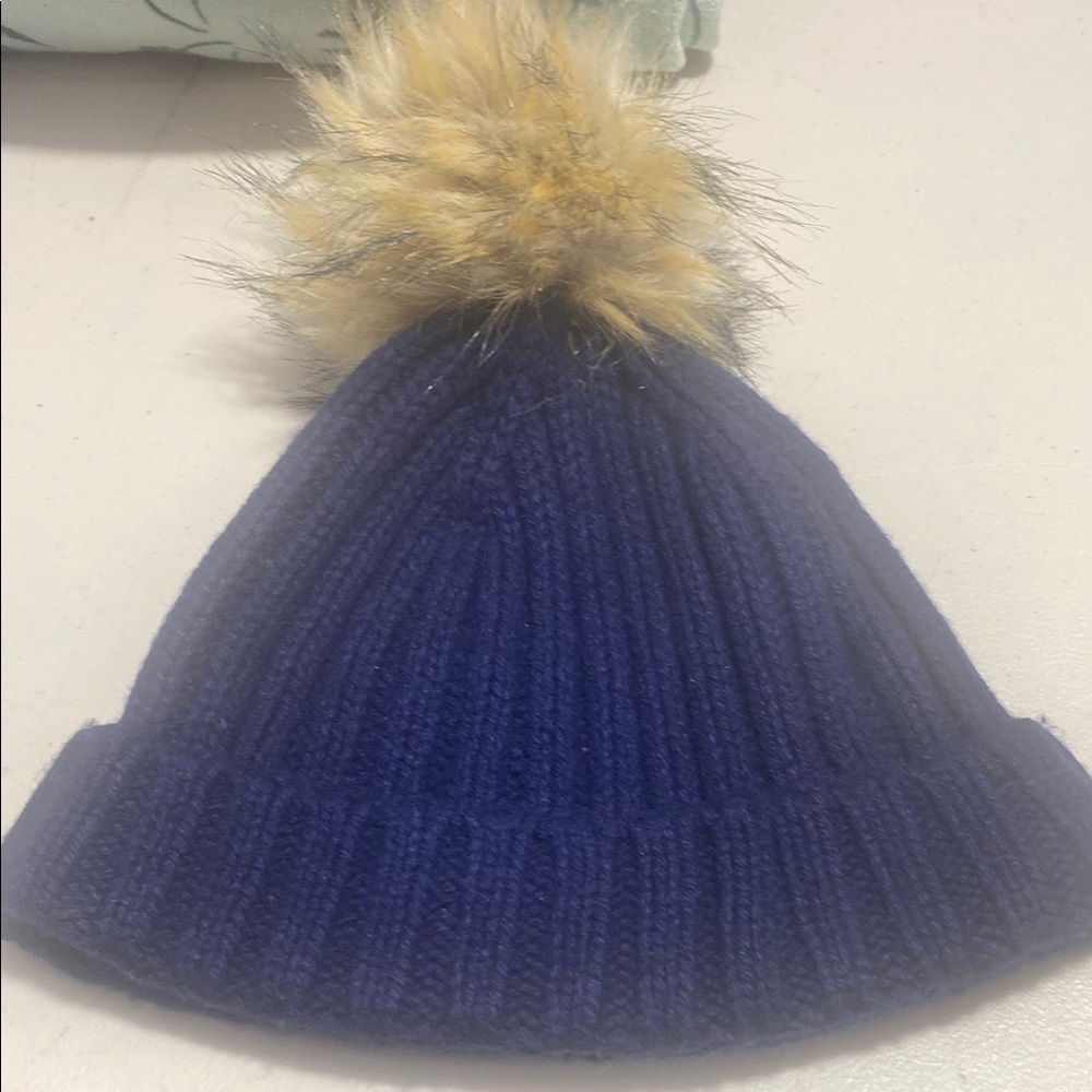 J crew Navy Blue winter hat Beanie with Faux Fur Pom